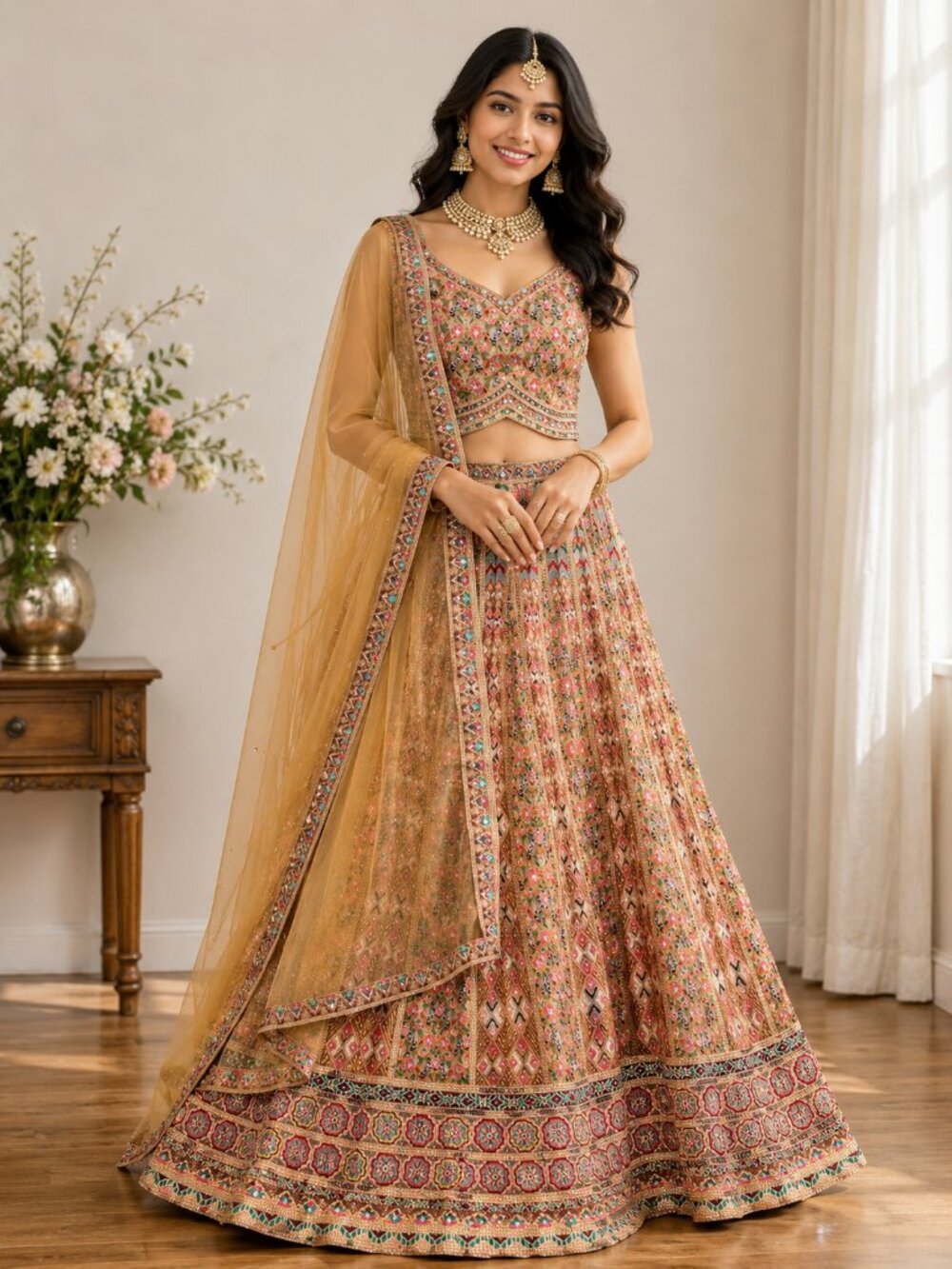 Multicolor Embroidered Lehenga Choli Set with Dupatta | Indian Wedding Party Wea